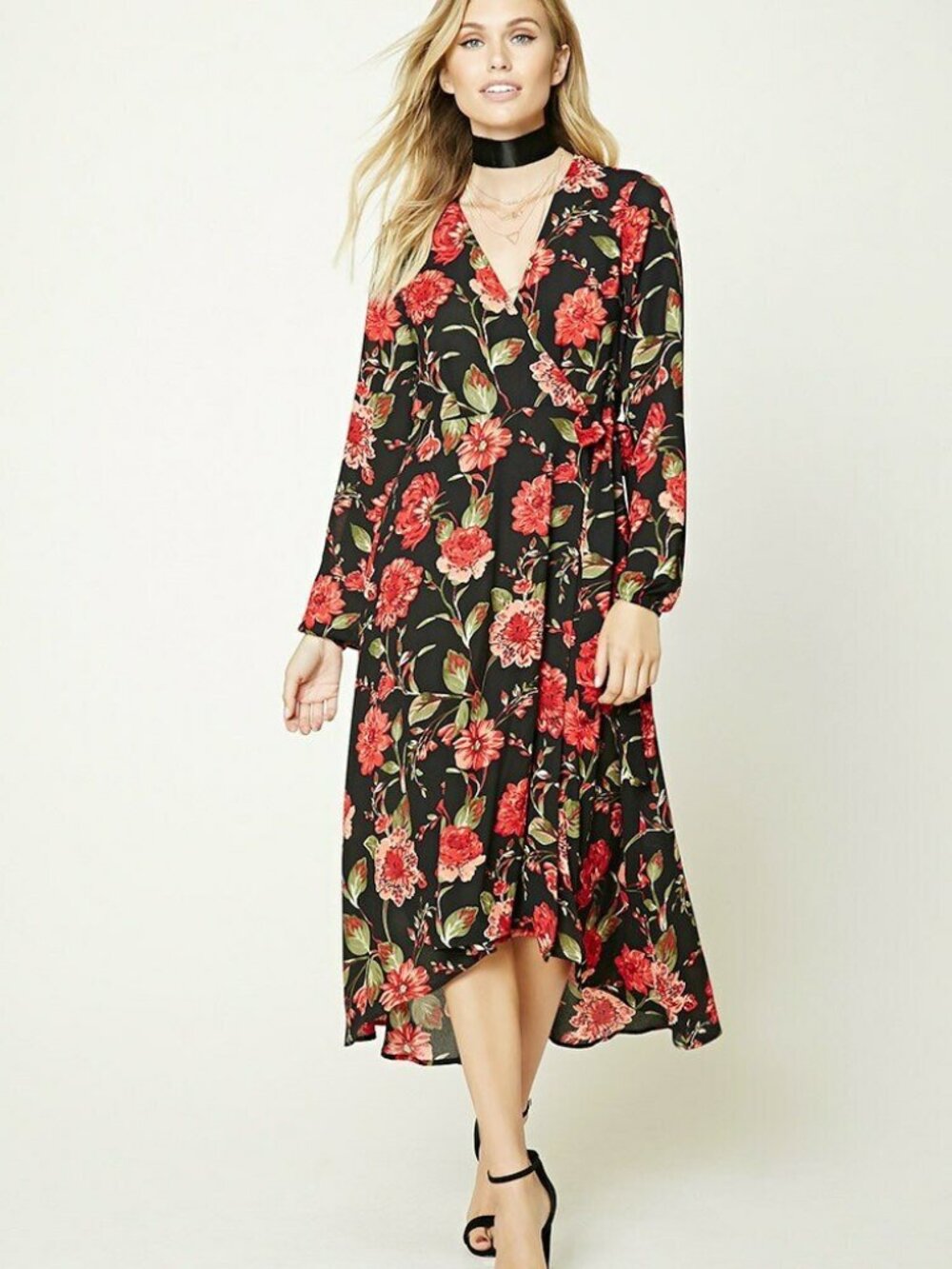Forever 21 Black Red Wrap Maxi Contemporary Floral Print Dress Medium M